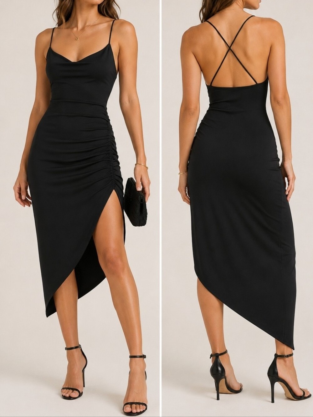 Papaya Black Slip Dress Small NWT Ruched Side Split Asymmetrical Midi Strap Back
